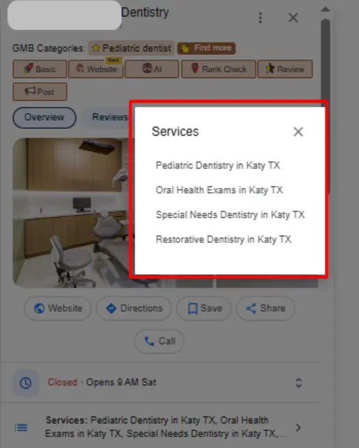Screenshot of a Google Business Profile services list showing every service name stuffed with the phrase 'in Katy TX', including Pediatric Dentistry in Katy TX, Oral Health Exams in Katy TX, Special Needs Dentistry in Katy TX, and Restorative Dentistry in Katy TX