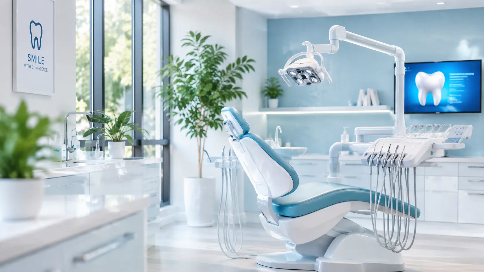 Modern dental clinic interior in Austin with bright natural lighting, white and light-blue decor, and a dental chair under an overhead light