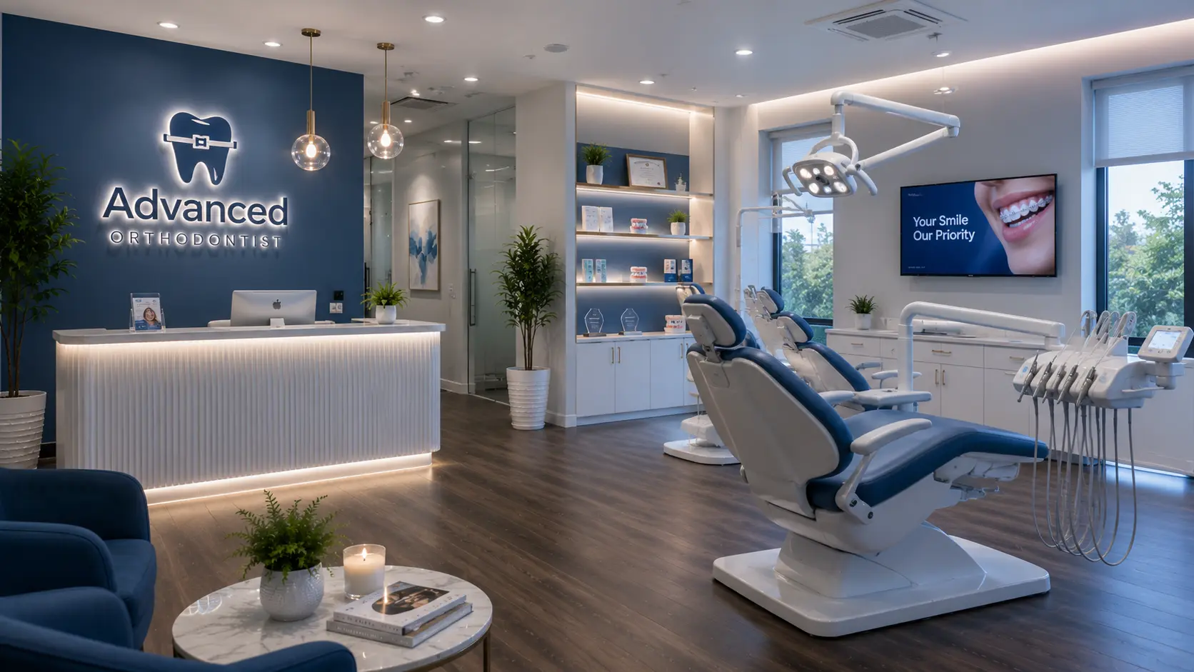 Modern orthodontic clinic interior of Advanced Orthodontist in Seattle, WA, featuring advanced dental treatment chairs and reception area, supported by local SEO services from SEO Medical Clinic.