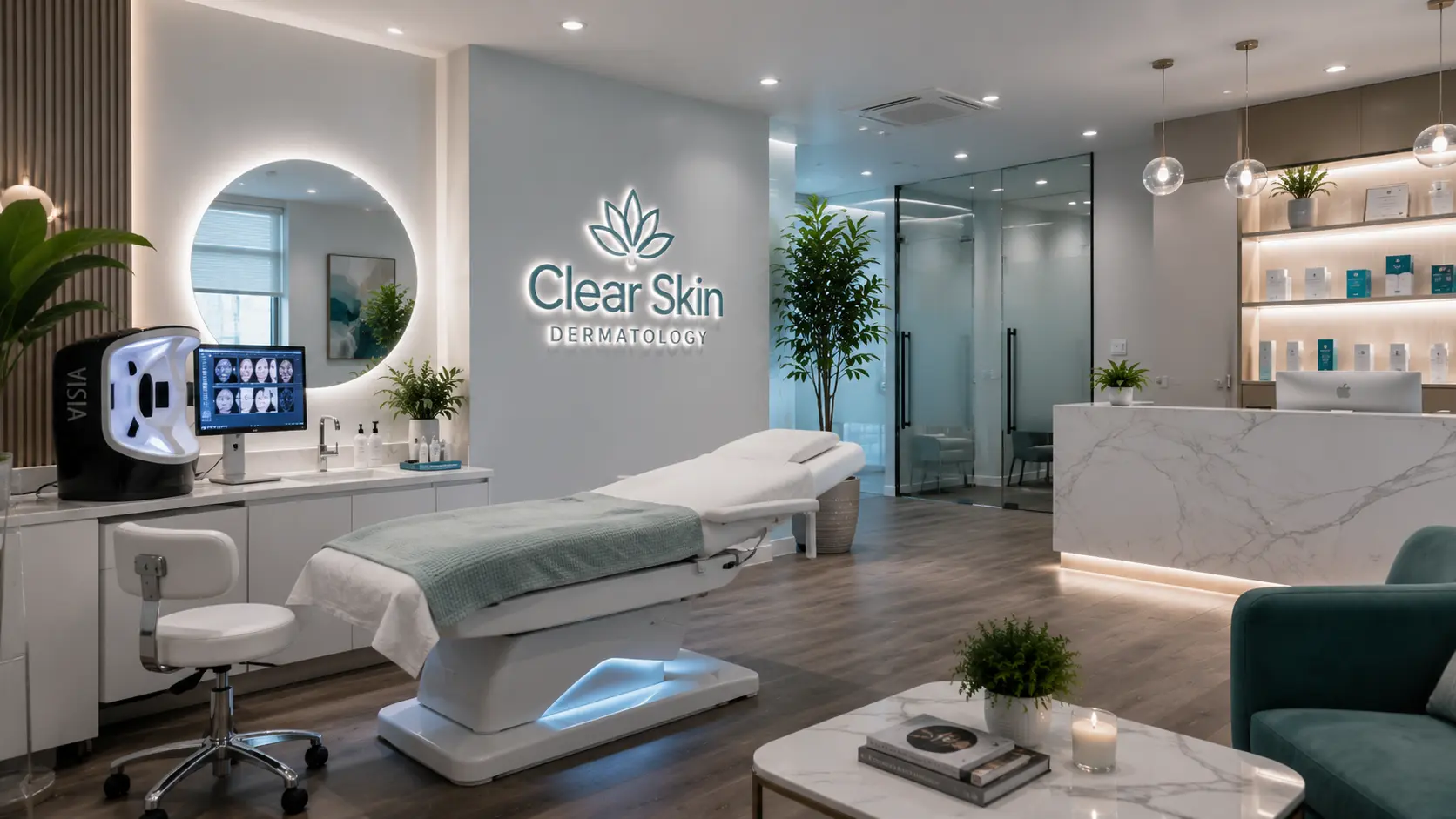 Modern interior of Clear Skin Dermatology in Denver, CO, showcasing a premium skin treatment room and reception area optimized through local SEO services by SEO Medical Clinic.