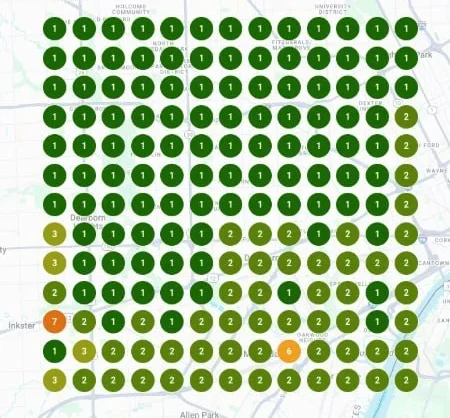 Local Falcon 13 by 13 search grid for a general dental practice in Dearborn, Michigan, showing rank 1 across most of the service area
