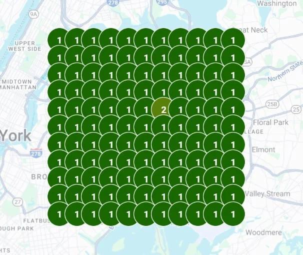 Local Falcon search grid stretching from Midtown Manhattan to Nassau County, New York, showing rank 1 at nearly every scan point