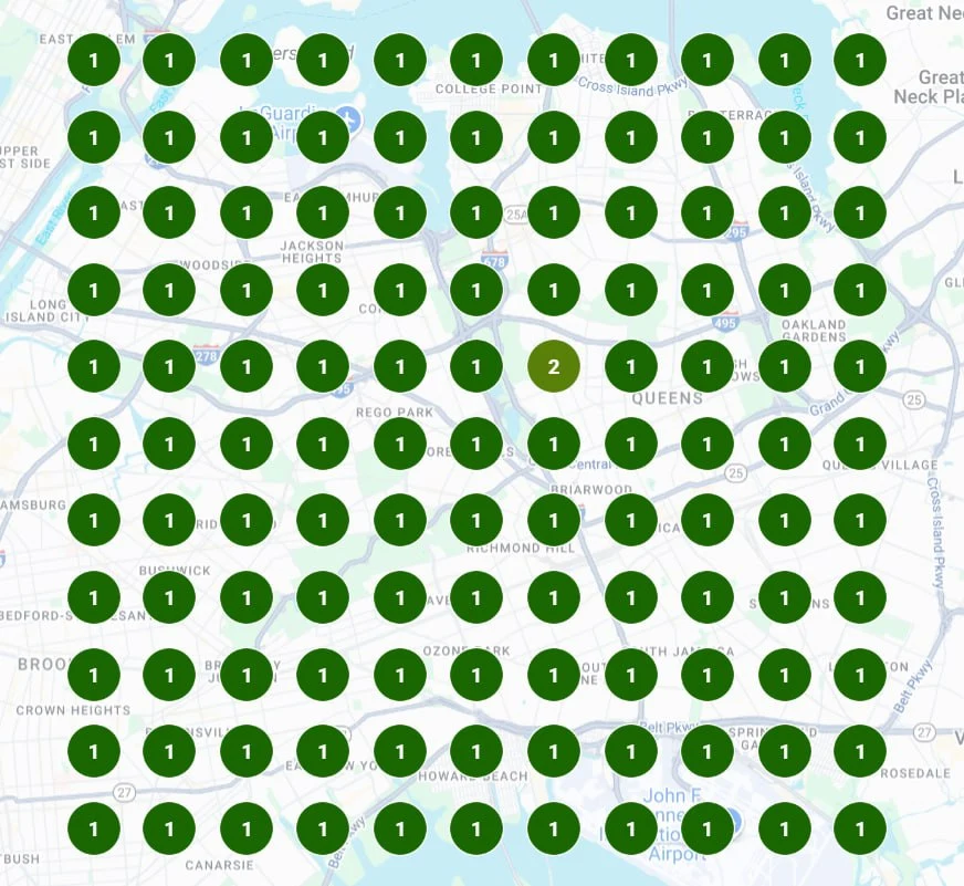 Local Falcon search grid covering Queens and Brooklyn, New York, showing rank 1 at nearly every scan point