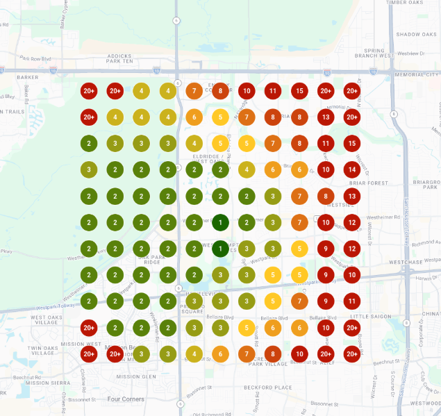 Baseline local search grid scan for Scalp Detox in Houston TX showing weak rankings on east side
