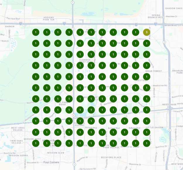 Local Falcon search grid scan for Scalp Detox in Houston TX showing rank 1 dominance across target area